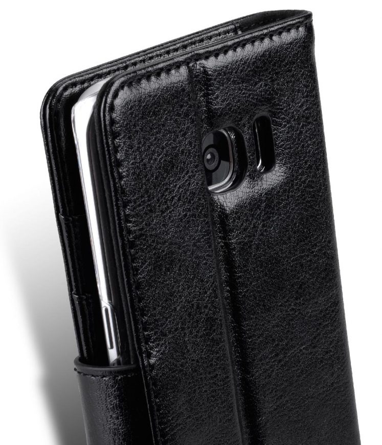 Genuine Leather Folio Stand Book Type Case For Samsung Galaxy S7 Edge(5.7") -(Vintage Black)