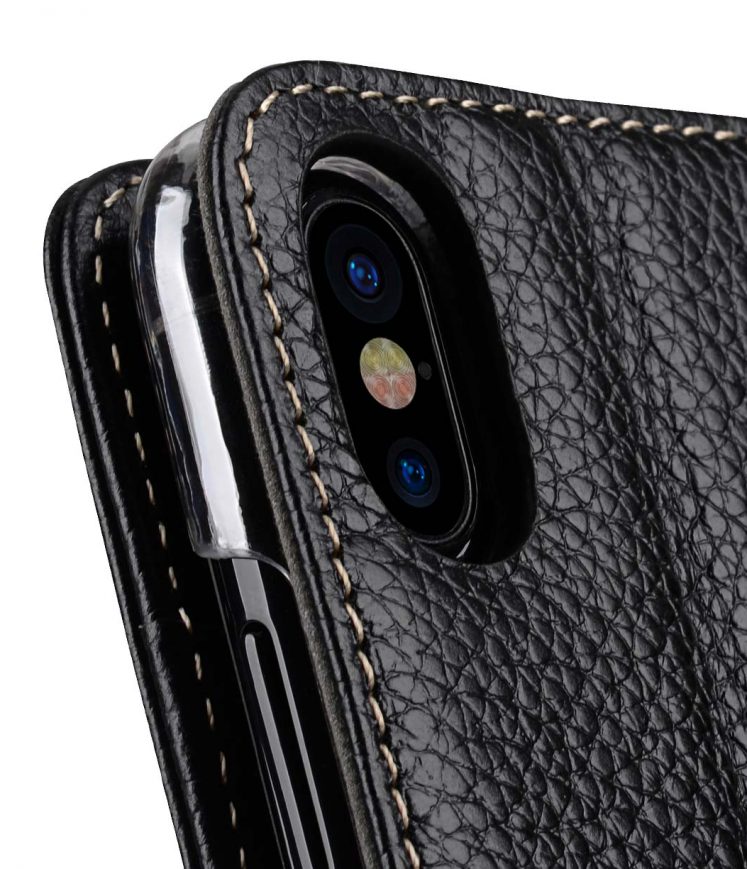 Premium Leather Case for Apple iPhone X - Wallet Book Clear Type Stand (Black LC)