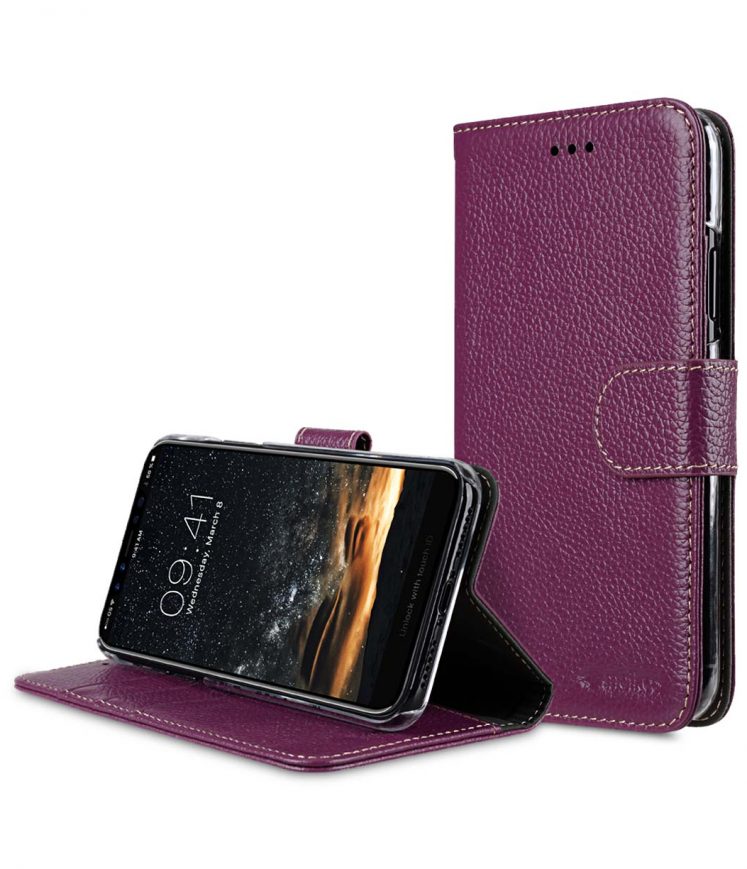 Premium Leather Case for Apple iPhone X - Wallet Book Clear Type Stand (Purple LC)