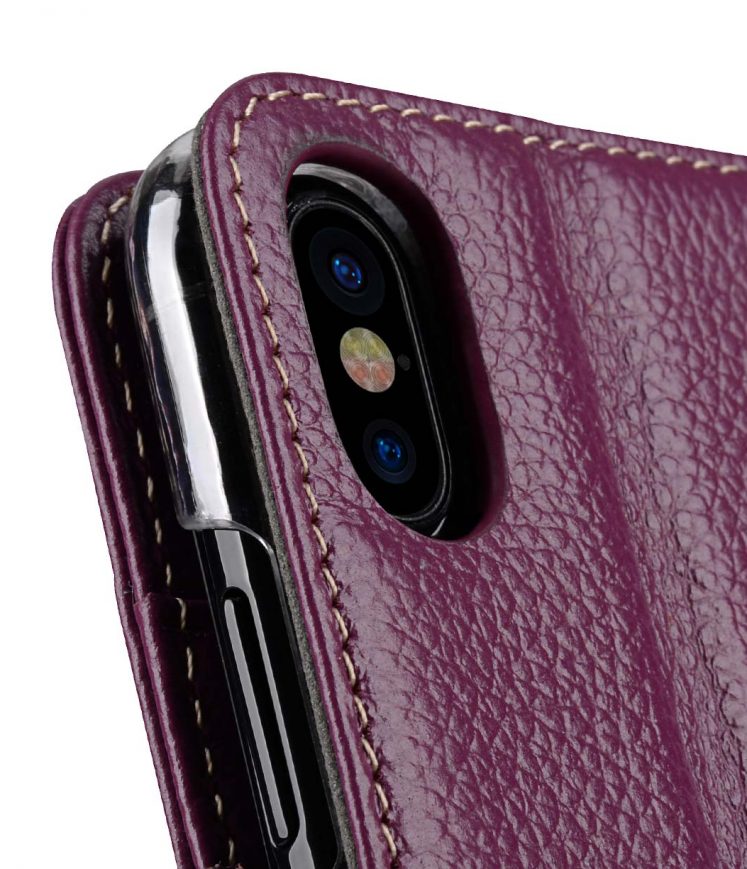Premium Leather Case for Apple iPhone X - Wallet Book Clear Type Stand (Purple LC)