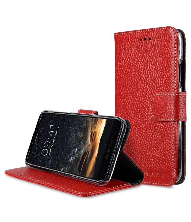 Premium Leather Case for Apple iPhone X - Wallet Book Clear Type Stand (Red LC)
