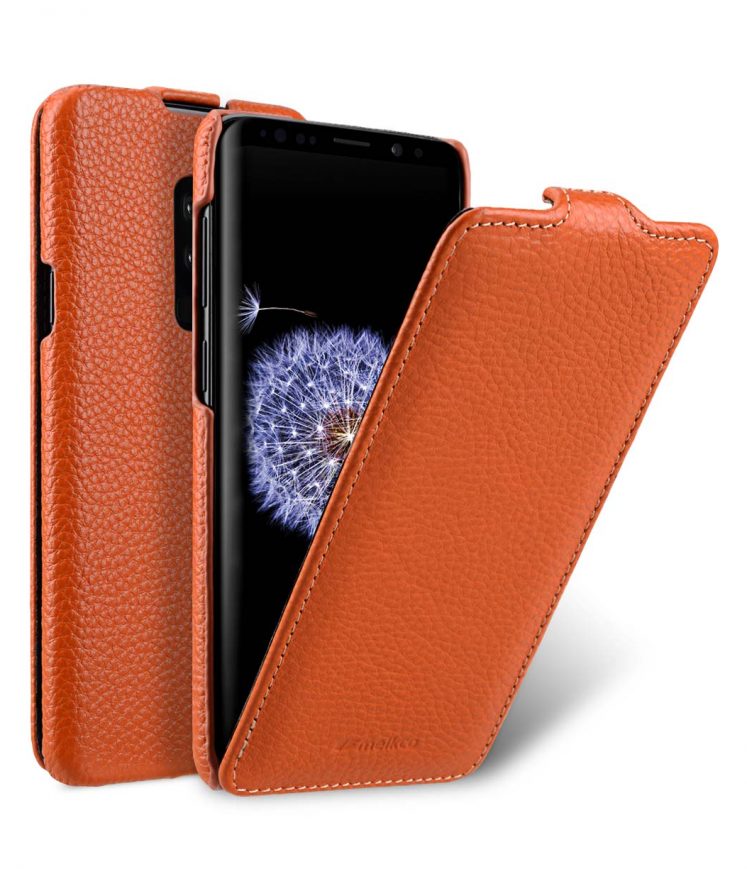 Melkco Premium Cow Leather Flip Down Vertical with Buckle Closure and Handmade for Samsung Galaxy S9+ Case - Jacka Type ( Orange LC )