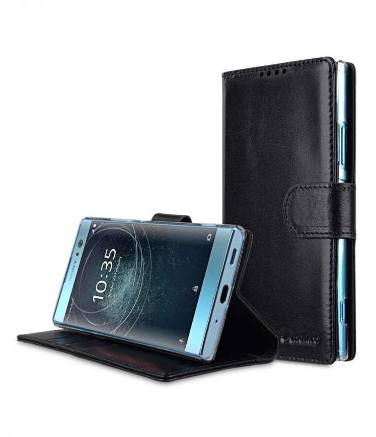 Premium Leather Case for Sony Xperia XA2 - Wallet Book Clear Type Stand - Black