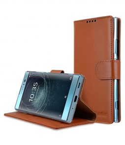 Melkco Premium Cow Leather Flip Folio Wallet Cover with Kickstand, Magnetic Closure, Card Slot, Side Pocket and Handmade for Sony Xperia XA2 - Wallet Book Clear Type Stand