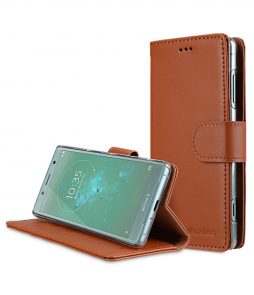 Melkco Premium Cow Leather Flip Folio Wallet Cover with Kickstand, Magnetic Closure, Card Slot, Side Pocket and Handmade for Sony Xperia XZ2 Compact - Wallet Book Clear Type Stand