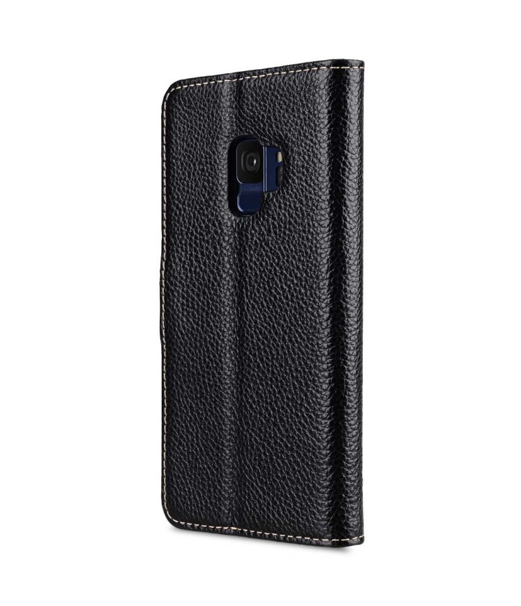 Melkco Premium Cow Leather Flip Folio Wallet Cover with Kickstand, Magnetic Closure, Card Slot, Side Pocket and Handmade for Samsung Galaxy S9 Case - ( Black LC )