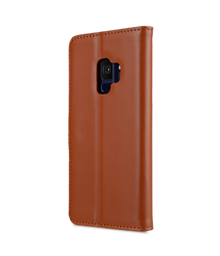 Melkco Premium Cow Leather Flip Folio Wallet Cover with Kickstand, Magnetic Closure, Card Slot, Side Pocket and Handmade for Samsung Galaxy S9 Case - ( Brown )