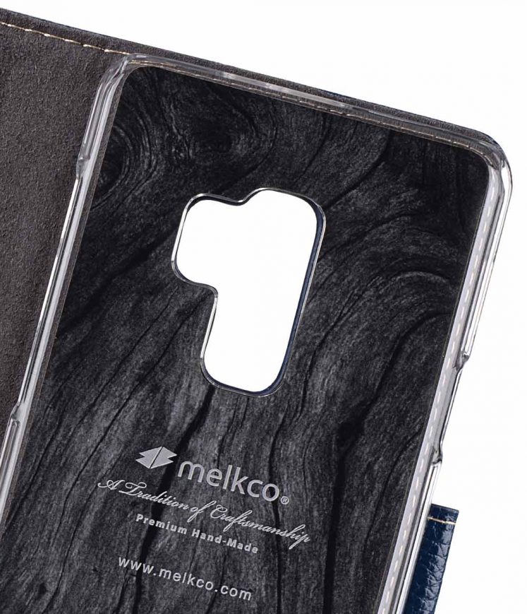 Melkco Premium Cow Leather Flip Folio Wallet Cover with Kickstand, Magnetic Closure, Card Slot, Side Pocket and Handmade for Samsung Galaxy S9 Case - ( Dark Blue LC )