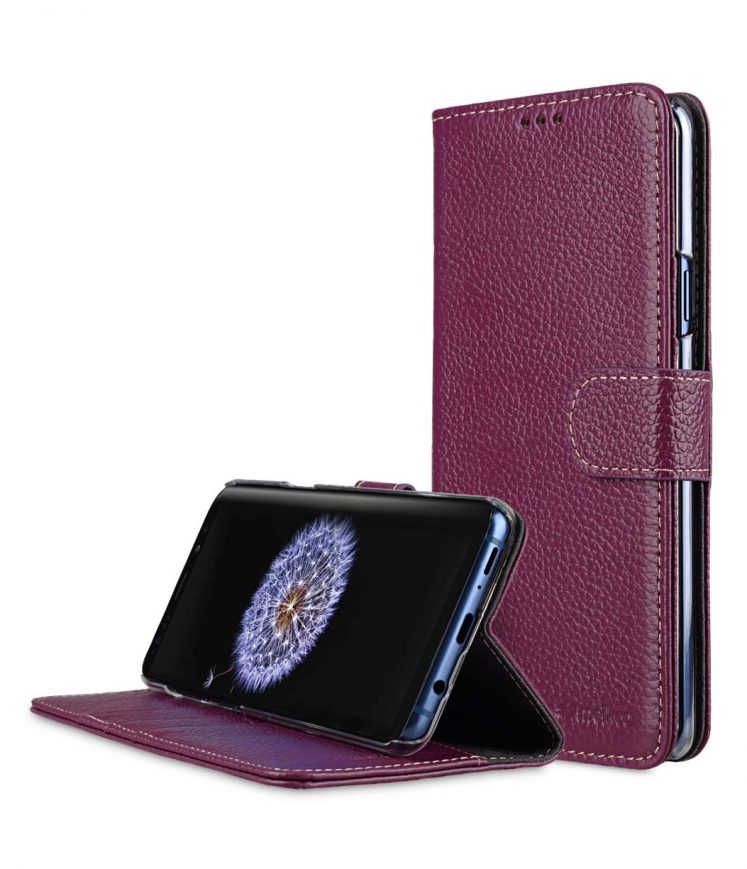 Melkco Premium Cow Leather Flip Folio Wallet Cover with Kickstand, Magnetic Closure, Card Slot, Side Pocket and Handmade for Samsung Galaxy S9 Case - ( Purple LC )