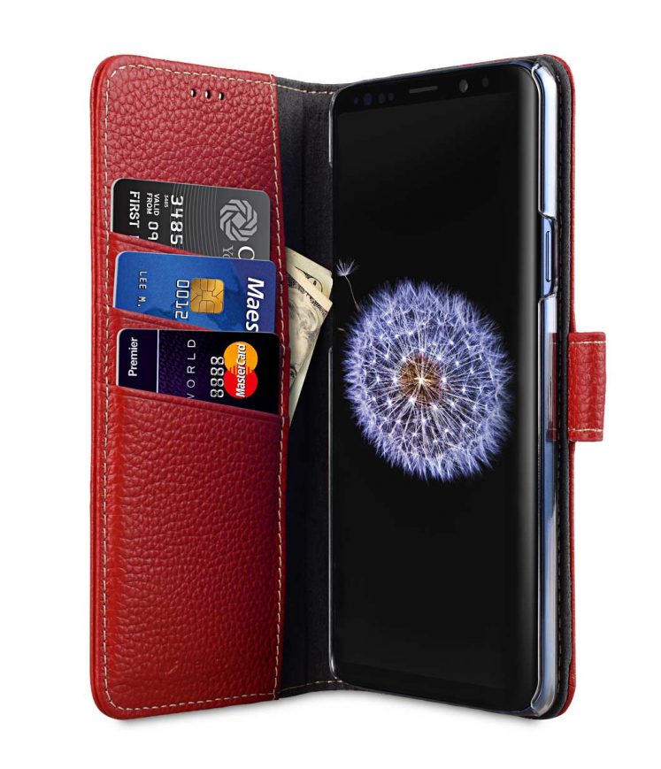 Melkco Premium Cow Leather Flip Folio Wallet Cover with Kickstand, Magnetic Closure, Card Slot, Side Pocket and Handmade for Samsung Galaxy S9 Case - ( Red LC )
