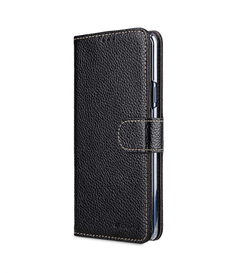 Melkco Premium Cow Leather Flip Folio Wallet Cover with Kickstand, Magnetic Closure, Card Slot, Side Pocket and Handmade for Samsung Galaxy S9+ Case - ( Black LC )