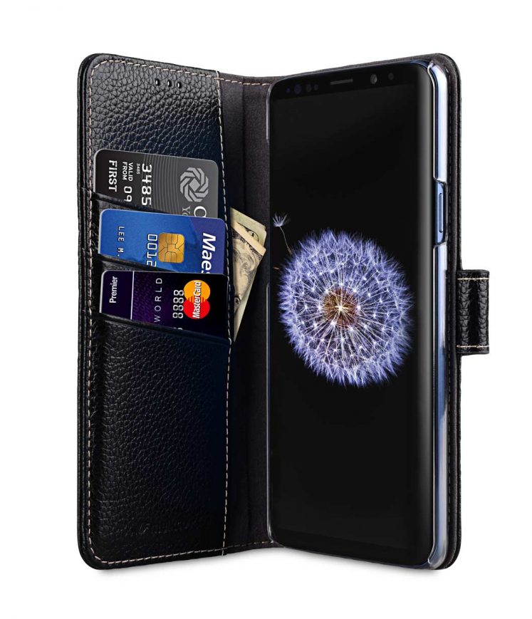 Melkco Premium Cow Leather Flip Folio Wallet Cover with Kickstand, Magnetic Closure, Card Slot, Side Pocket and Handmade for Samsung Galaxy S9+ Case - ( Black LC )