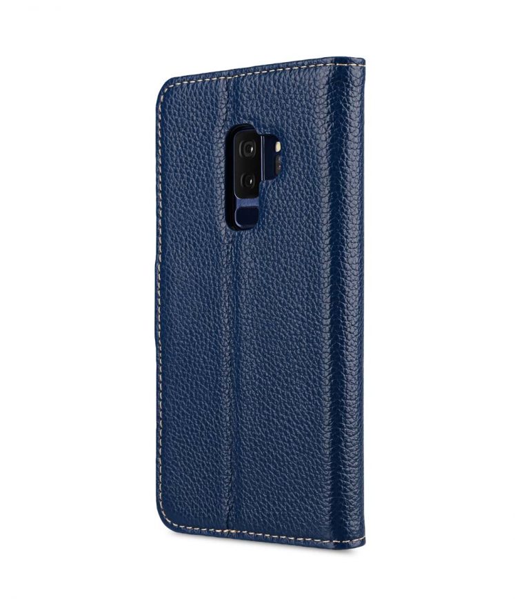 Melkco Premium Cow Leather Flip Folio Wallet Cover with Kickstand, Magnetic Closure, Card Slot, Side Pocket and Handmade for Samsung Galaxy S9+ Case - ( Dark Blue LC )