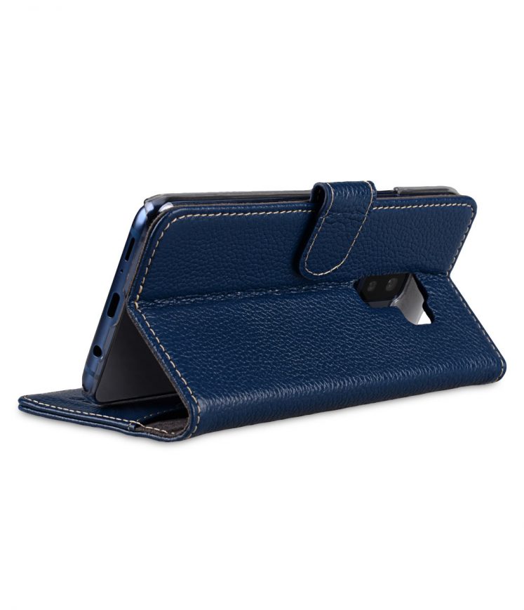 Melkco Premium Cow Leather Flip Folio Wallet Cover with Kickstand, Magnetic Closure, Card Slot, Side Pocket and Handmade for Samsung Galaxy S9+ Case - ( Dark Blue LC )