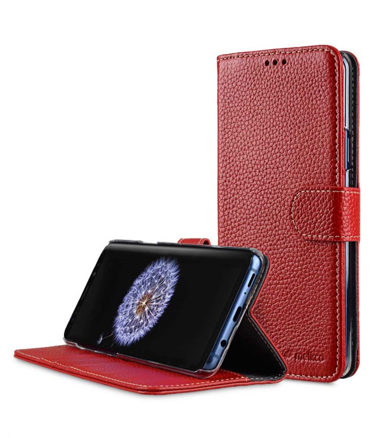Melkco Premium Cow Leather Flip Folio Wallet Cover with Kickstand, Magnetic Closure, Card Slot, Side Pocket and Handmade for Samsung Galaxy S9+ Case - ( Red LC )