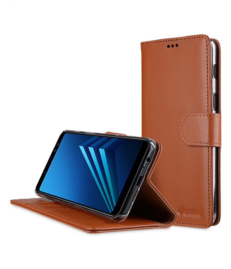 Melkco Premium Leather Case for Samsung Galaxy A8 Plus (2018) - Wallet Book Clear Type Stand (Brown CH)